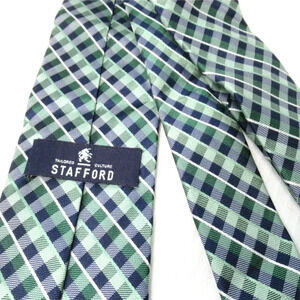 STAFFORD Tailored Cultured Men's Tie Green Blue White Diagonal Plaid Checks